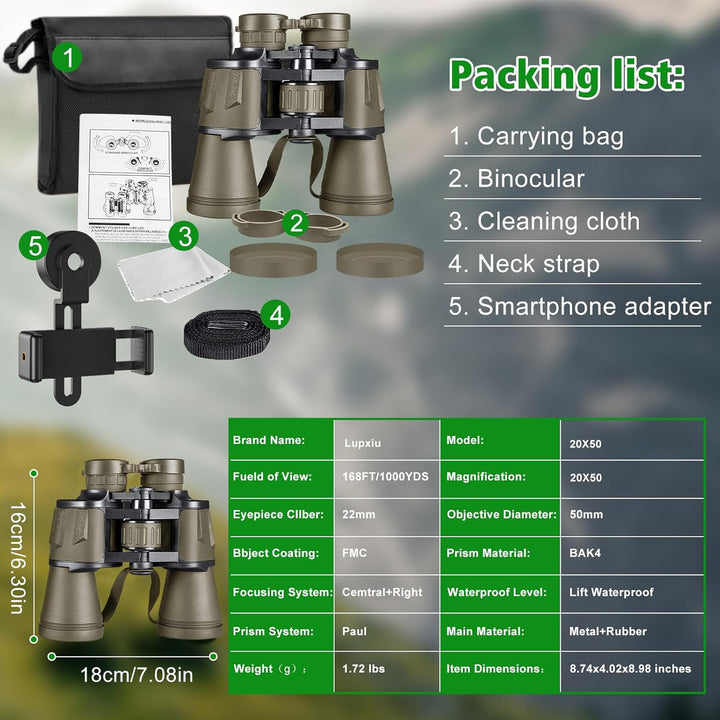Fernglas für Erwachsene 20x50 mit Smartphone Adapte HD Fernglas mit FMC Objektiv Lens Leistungsstark