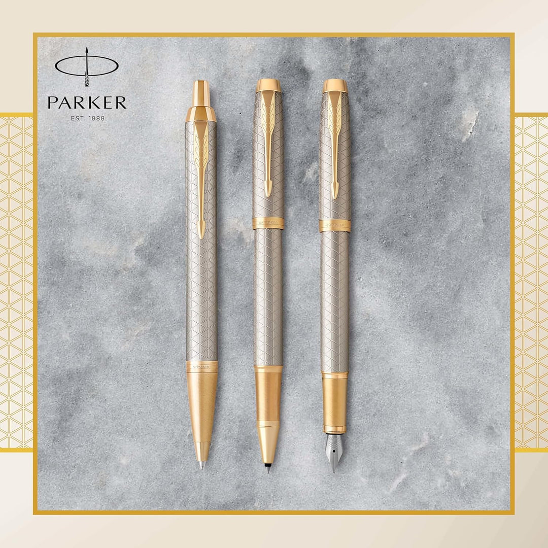 Parker IM Füller Premium Warm Silver Füllfederhalter mit feiner Feder blaue Tinte Geschenkbox