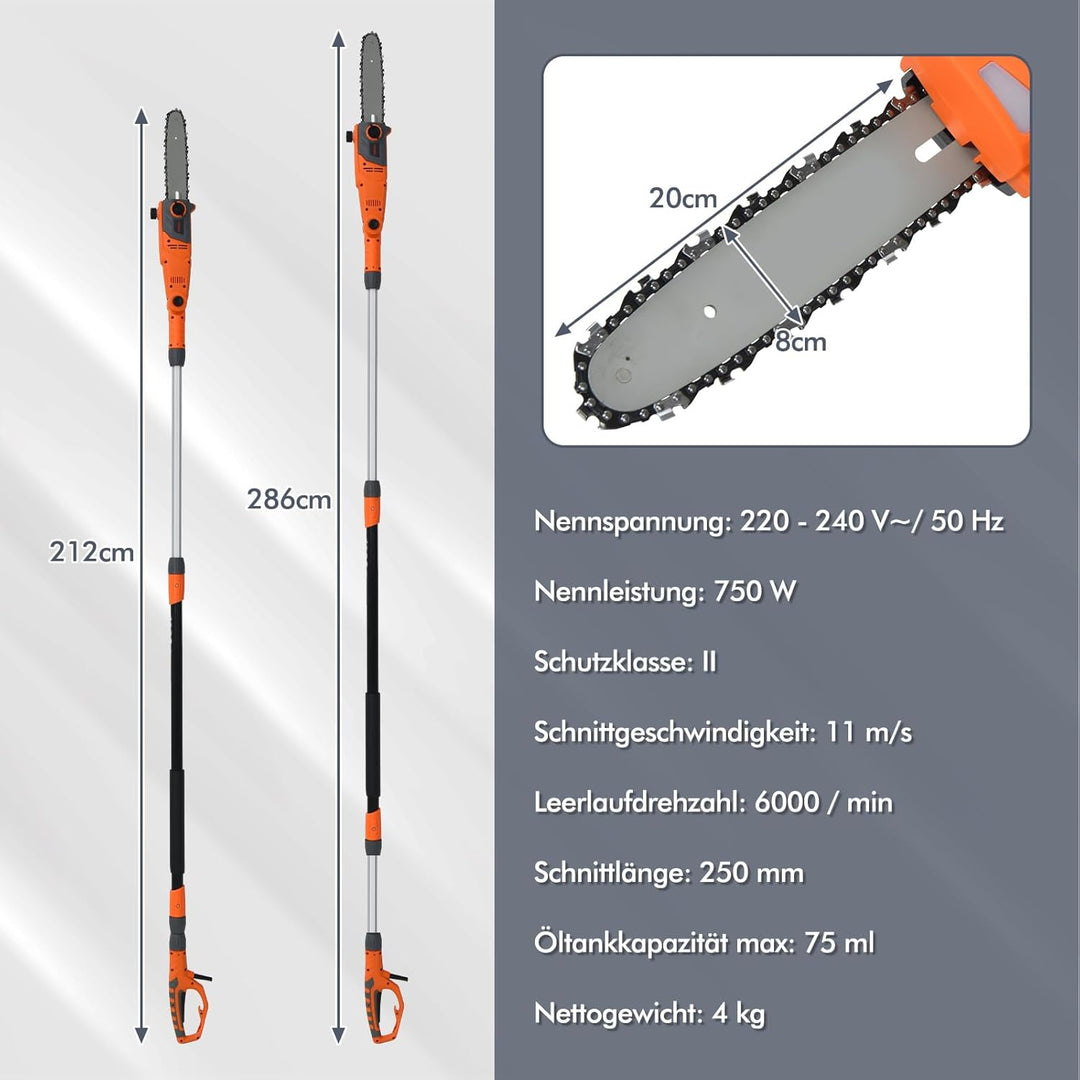 COSTWAY ElektrostangensÀge Hochentaster 212-286 cm, Mehrwinkel StangenkettensÀge mit verstellbaren S