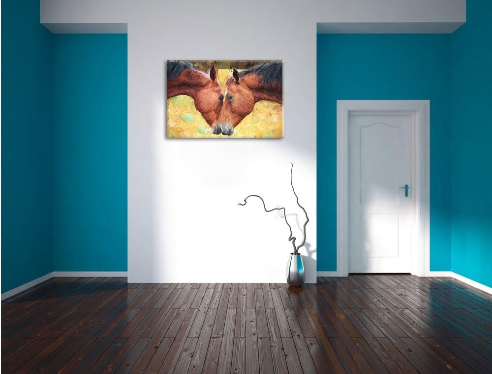 Pixxprint Zwei schmusende Pferde Kunst Pinsel Effekt, Format: 100x70 auf Leinwand, XXL riesige Bilde