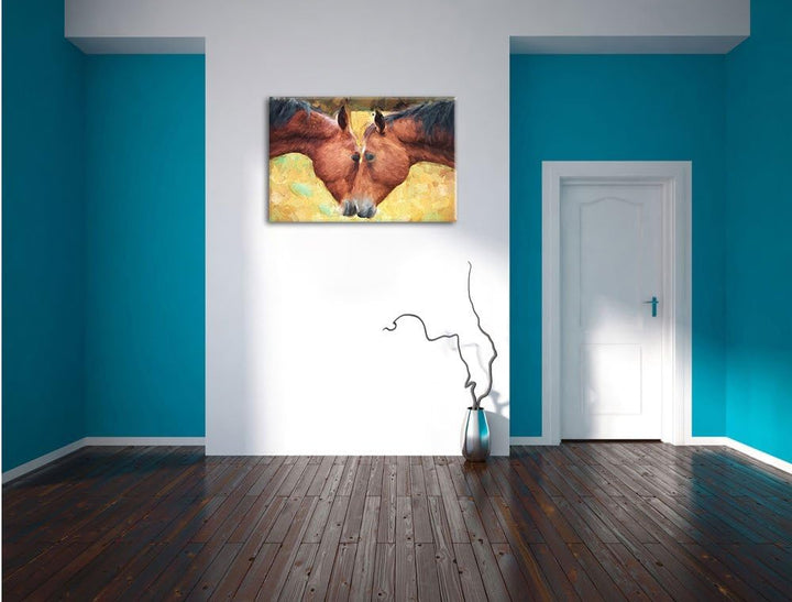 Pixxprint Zwei schmusende Pferde Kunst Pinsel Effekt, Format: 100x70 auf Leinwand, XXL riesige Bilde