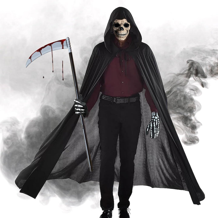 BARVERE Sensenmann Kostüm, Totenkopf Maske Set mit Sensemann Umhang, Halloween Sense und Handschuhe,