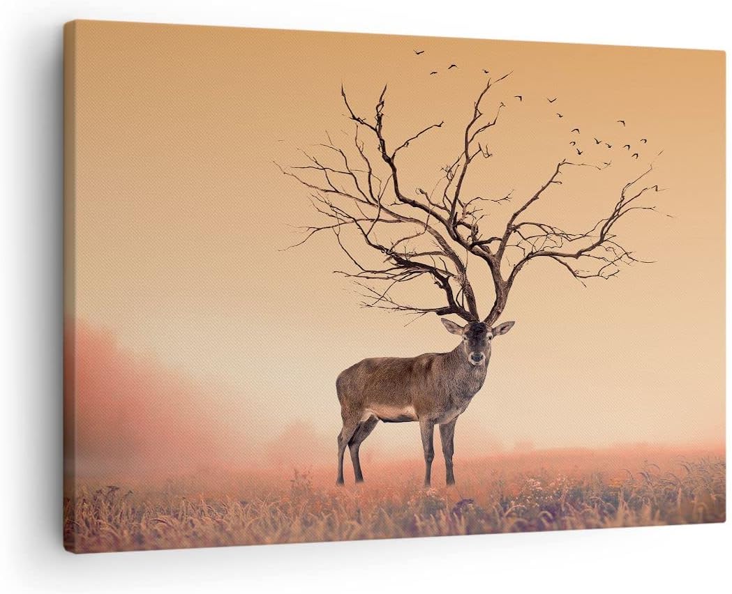 ARTTOR Bilder auf Leinwand Hirsch Baum Nebel Wald Leinwandbild 70x50cm Wandbilder Dekoration Wohnzim