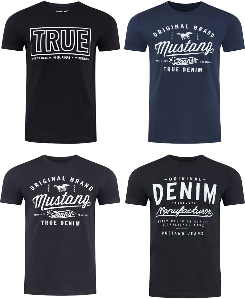 MUSTANG Tshirt Herren Baumwolle Regular Fit 4er Pack Set Rundhals Kurzarm Sommer Tee Shirt Logoprint