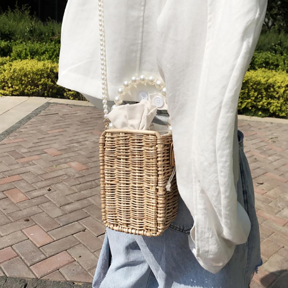 Amosfun Rattan Umhängetaschen Handgemachte Stroh Taschen mit Perlen Perlen Schulter Gurt Und Griff B
