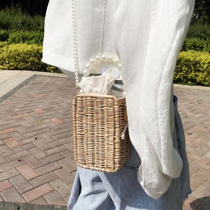 Amosfun Rattan Umhängetaschen Handgemachte Stroh Taschen mit Perlen Perlen Schulter Gurt Und Griff B