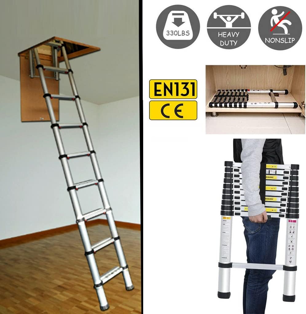 2.6m Teleskopleiter aus hochwertigem Edelstahl, 9 Stufen Ausziehleiter Rutschfester Klappleiter Steh