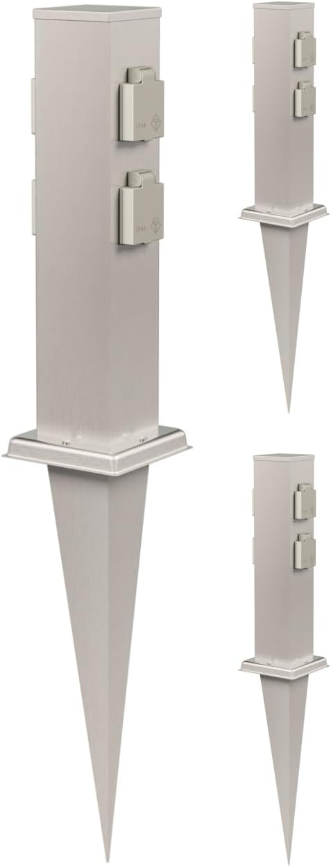 ledscom.de 3X Garten-Steckdosen-Säule Polly mit Erdspiess für aussen, 4-Fach, Edelstahl, eckig, 38cm