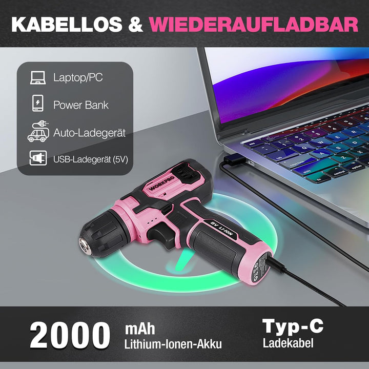 WORKPRO 8V Akku Bohrschrauber Set mit Transportkoffer, Akkuschrauber, 2x2000 mAh Akkus Bohrmaschine,