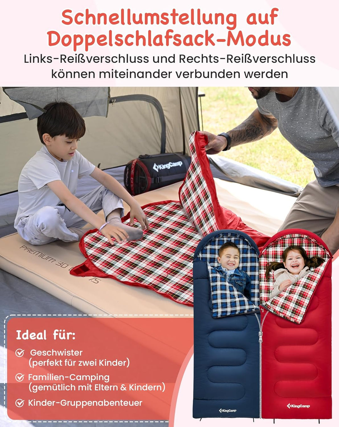 KingCamp Kinderschlafsack Schlafsack Winter Warmer Deckenschlafsack 3-4 Jahreszeiten für Kinder beim