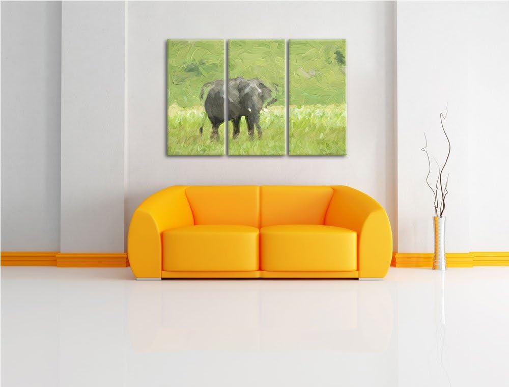 gigantischer Elefant im Gras NewArt 3-Teiler Leinwandbild 120x80 Bild auf Leinwand, XXL riesige Bild