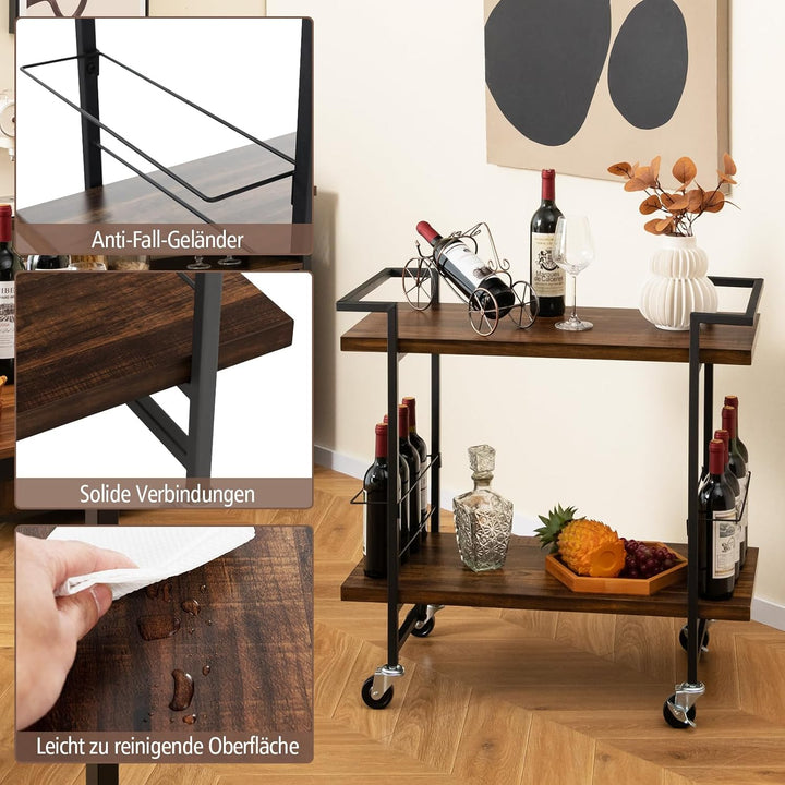 COSTWAY Servierwagen mit Rollen, Küchenwagen Industrie-Design, seitlicher Schutz für Weinflaschen, 2