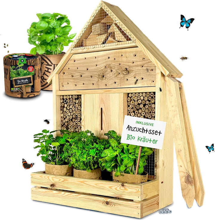 GARTENETAGE Stehendes Insektenhotel XXL mit Pflanzenoase Kräuterparadies - inkl. Anzuchtset/Naturbel