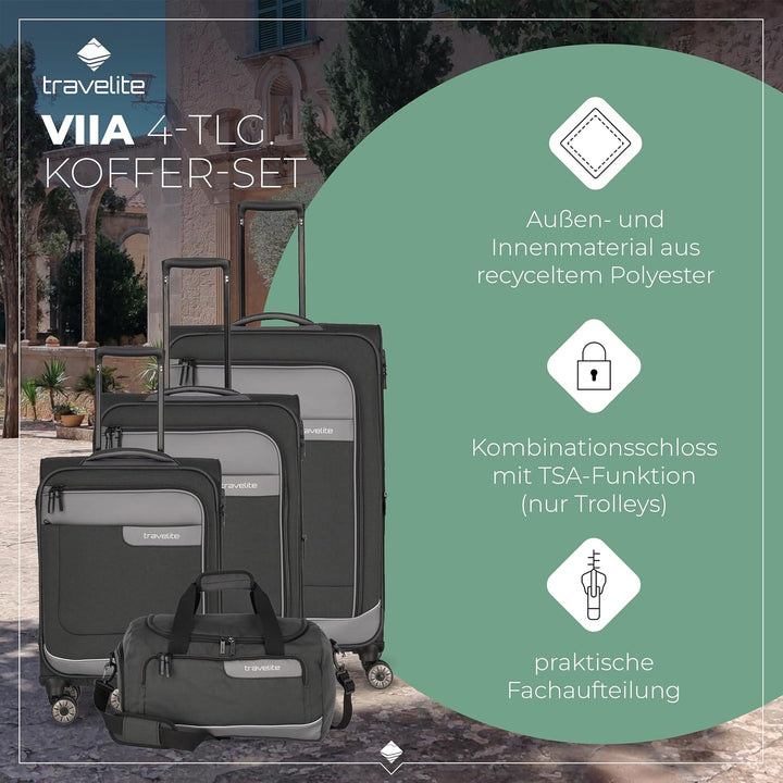 Travelite Kofferset 4 teilig Weichschale 4 Rollen, Grössen S-M-L + Reisetasche,nachhaltig, VIIA Reis