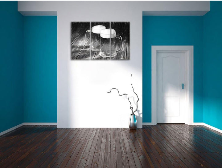 Pixxprint Zwei Masskrüge Bier als Leinwandbild/Grösse: 3 Teilig (120x80) cm/Wandbild/Kunstdruck/fert