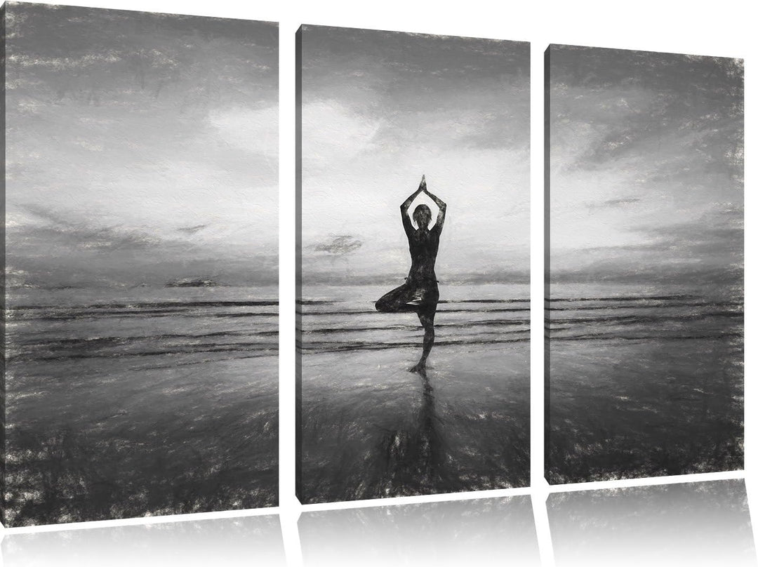 Pixxprint Yoga am Strand Kunst als Leinwandbild/Grösse: 3 Teilig (120x80) / Wandbild/Kunstdruck/fert