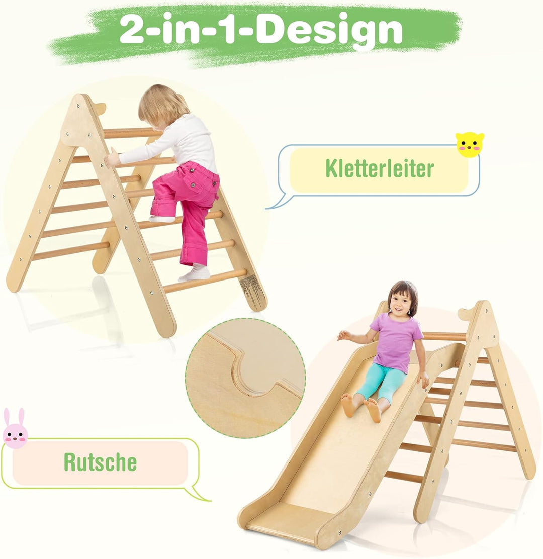 COSTWAY Kletterdreieck mit Rutsche, Klettergerüst aus Holz, Sprossendreieck zum Rutschen und Kletter