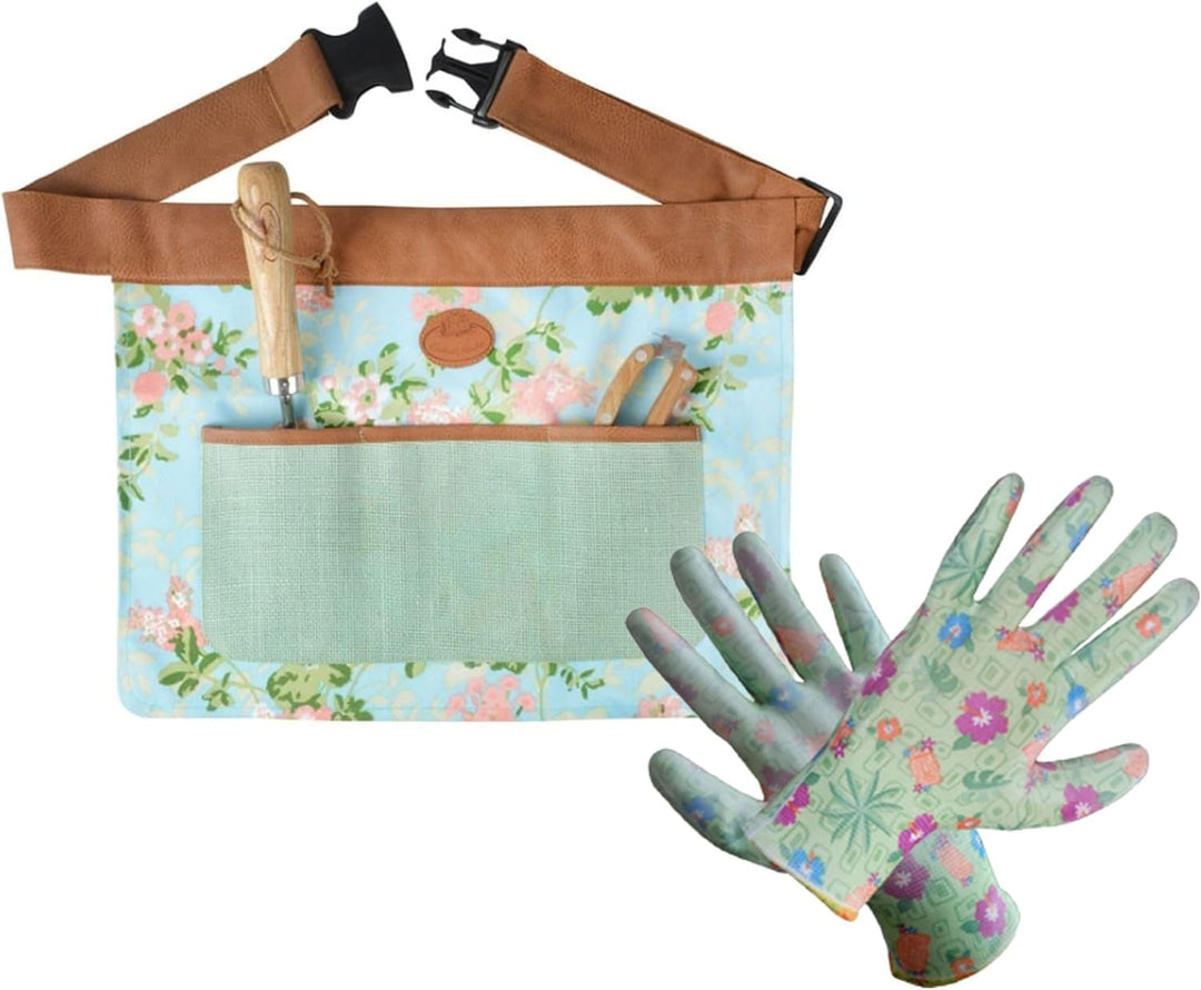 DIKEL Damen-Gartengürtel in Rosen + Handschuhe - Grössenverstellbare Werkzeugtasche Gürtel für Gärtn