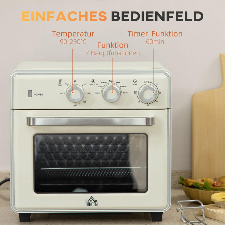 HOMCOM Minibackofen 20L, 5 in 1 Pizza-Ofen inkl. Backblech Set, Frittierkorb, Krümelblech, 1 Std. Ti