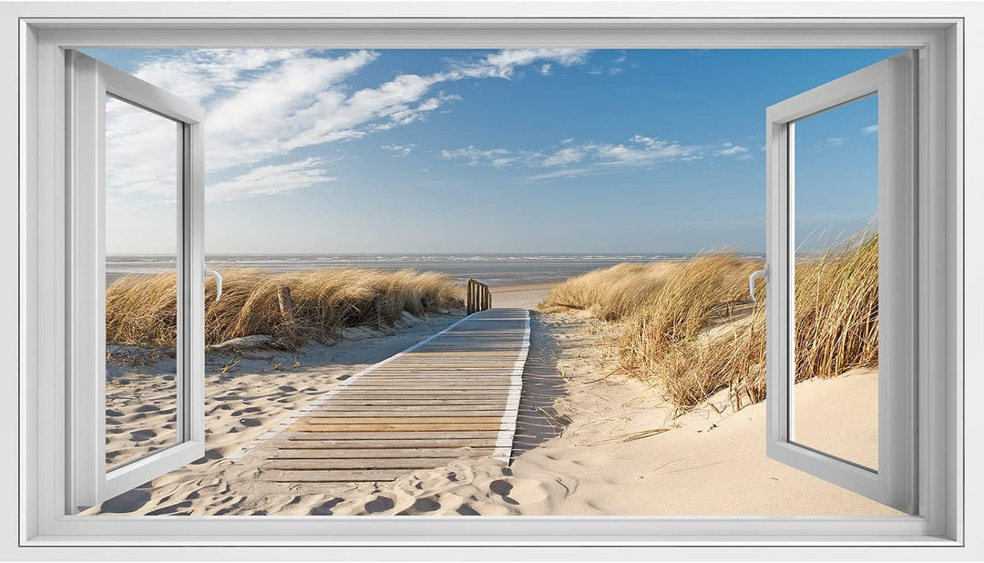 islandburner Bild auf Leinwand Fensterblick Weg zum Strand auf Langeoog durch die Dünen mit der Nord