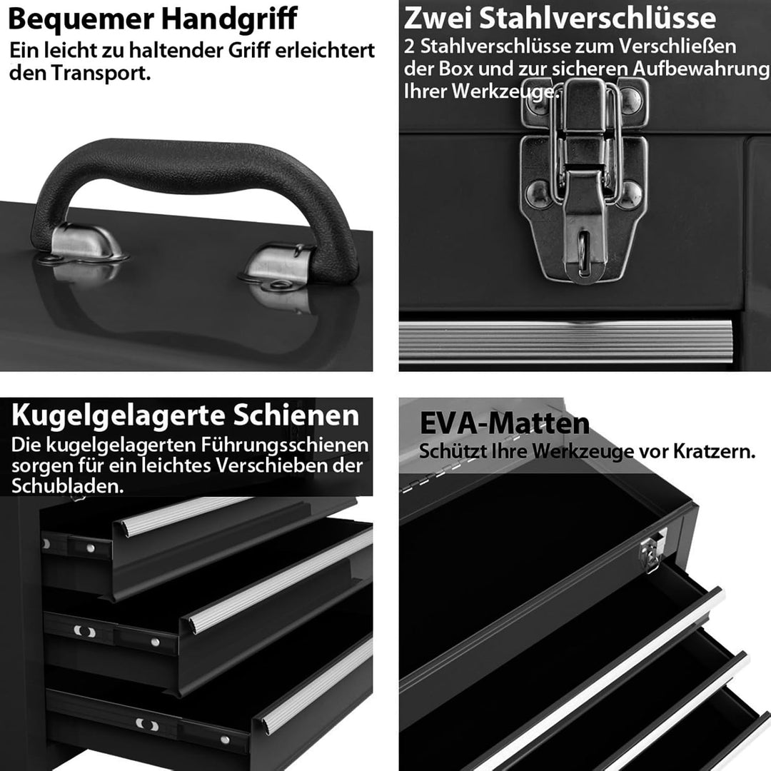 COSTWAY Werkzeugkiste Metall, Werkzeugkasten mit 3 Schubladen & oberem Fach, Werkzeugbox Werkzeugkof