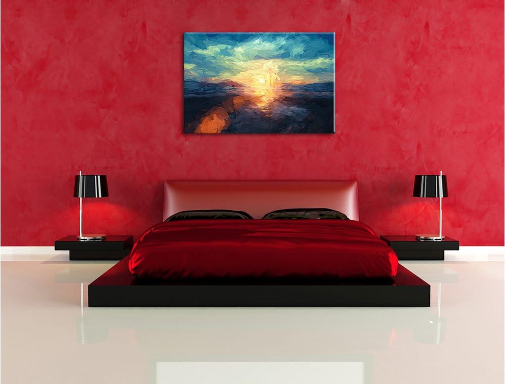 Pixxprint Yoga Silhouette bei Sonnenuntergang am Strand Kunst Pinsel Effekt, Format: 100x70 auf Lein