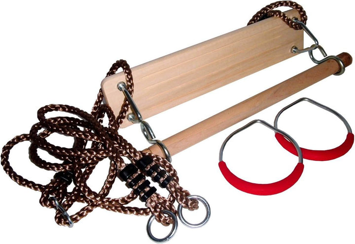 3in1 Schaukelset, Turnringe + Holztrapez + Schaukelbrett incl. Seilset zum Einhängen (Turngeräte Set