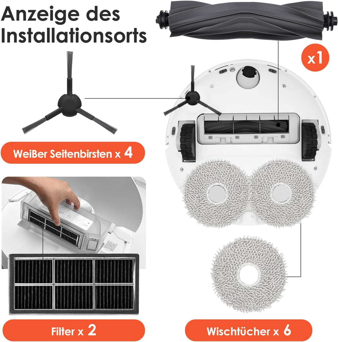 Zubehörset für Dreame L10s Pro Ultra Heat, 6*Staubbeutel 6*Mopp Wischpad 1*Hauptbürste 4*Seitenbürst