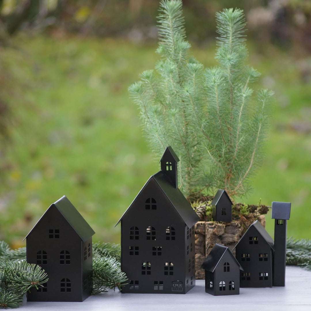 UNUS Deko Häuser 5er Set, Lichthäuser aus Metall, in Schwarz, Herbstdeko Outdoor, Weihnachtsdorf für