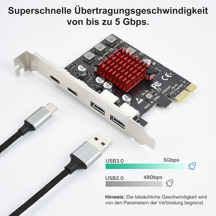 ELUTENG 4 Ports USB 3.1 PCI Express Erweiterungskarte(2 x USB C, 2 x USB A), Superspeed 10Gbps PCIE