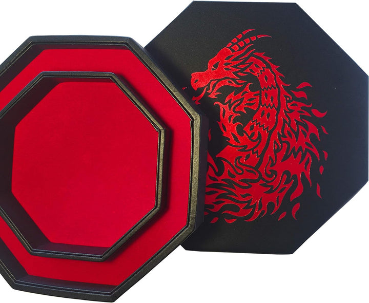 Fantasydice - Rot - Feuerdrache - Würfeltablett - 20,3 cm achteckig mit Deckel und Würfelfel-Bereich