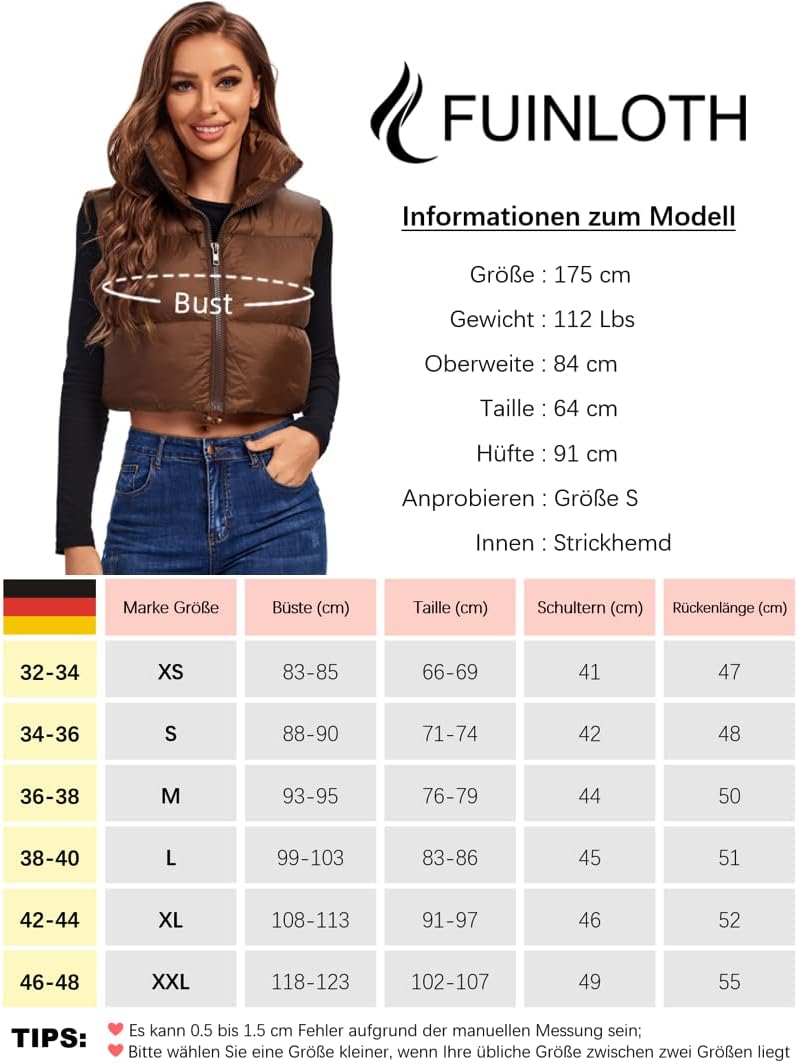 fuinloth Damen Weste Kurz Stehkragen Steppweste Warm Winter Crop Puffer Weste mit Reissverschluss Är