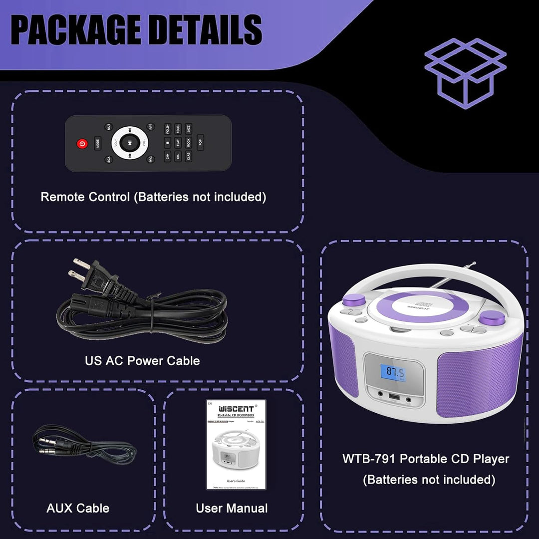 Tragbarer CD-Player Boombox mit Bluetooth | Fernsteuerung | FM-Radio | USB | MP3-Wiedergabe | Kompat