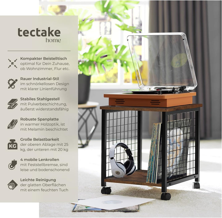 tectake Beistelltisch mit 2 Ablagen und Rollen, Nachttisch im Industrie-Design, 40 x 40 x 48 cm, für