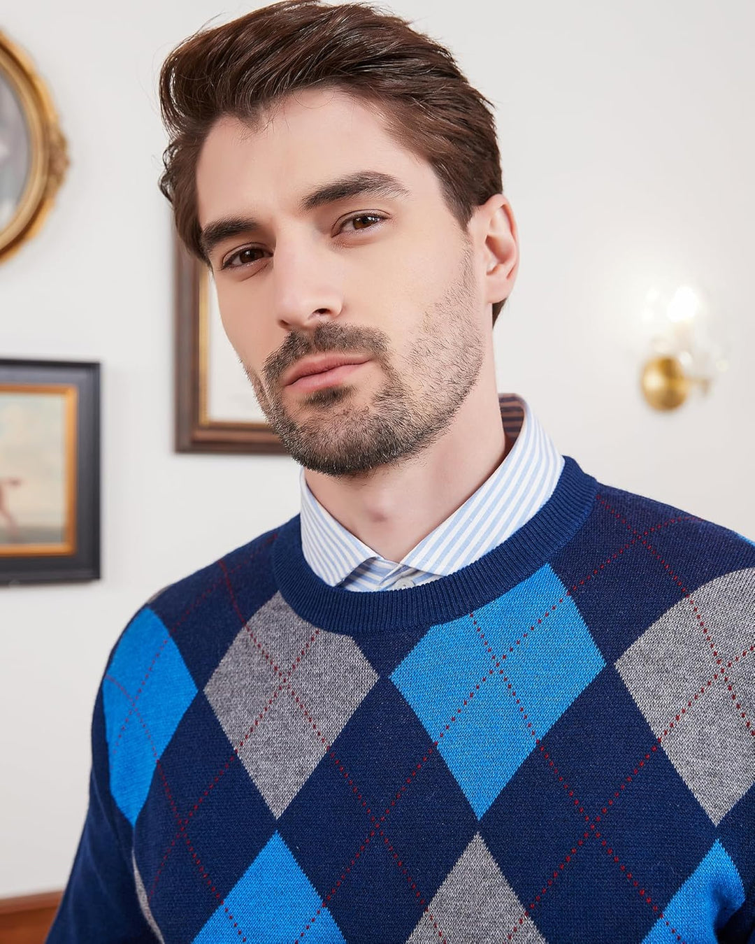 Kallspin Herren Wollmischung Strickpullover Argyle Rundhalsausschnitt Pullover Sweater, S Marineblau