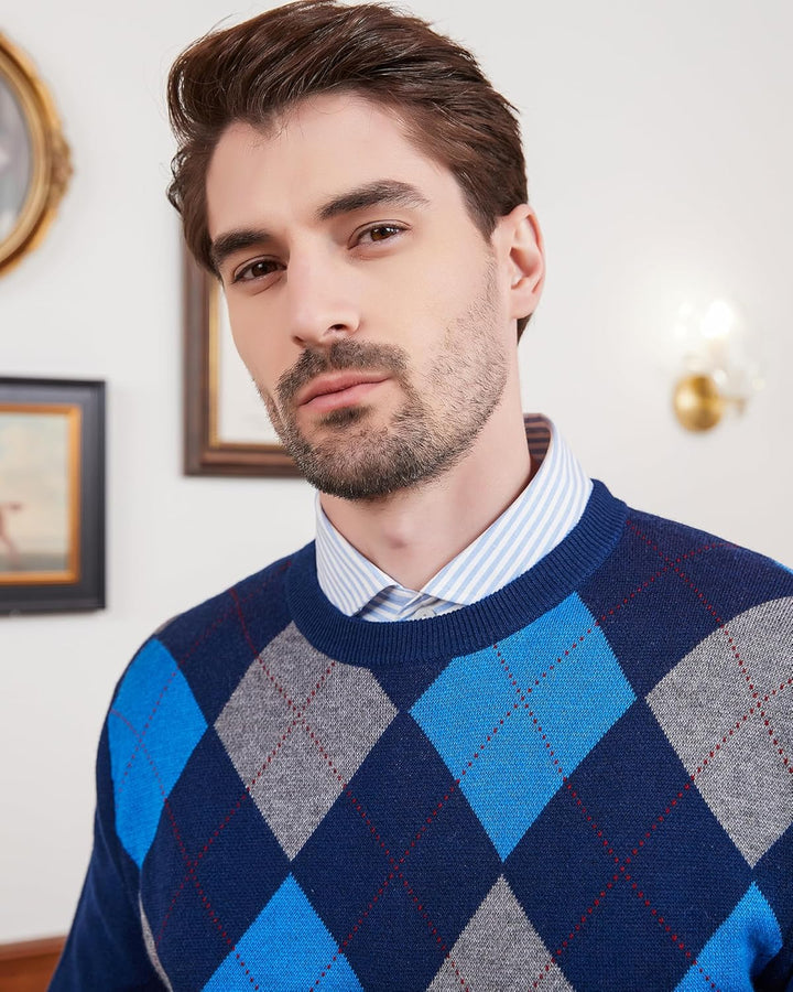 Kallspin Herren Wollmischung Strickpullover Argyle Rundhalsausschnitt Pullover Sweater, S Marineblau