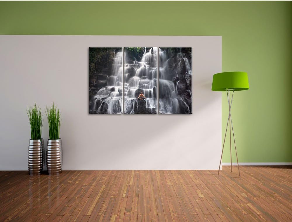 Pixxprint Yoga am Wasserfall in Bali als Leinwandbild/Grösse: 3Teilig / Wandbild/Kunstdruck/fertig b