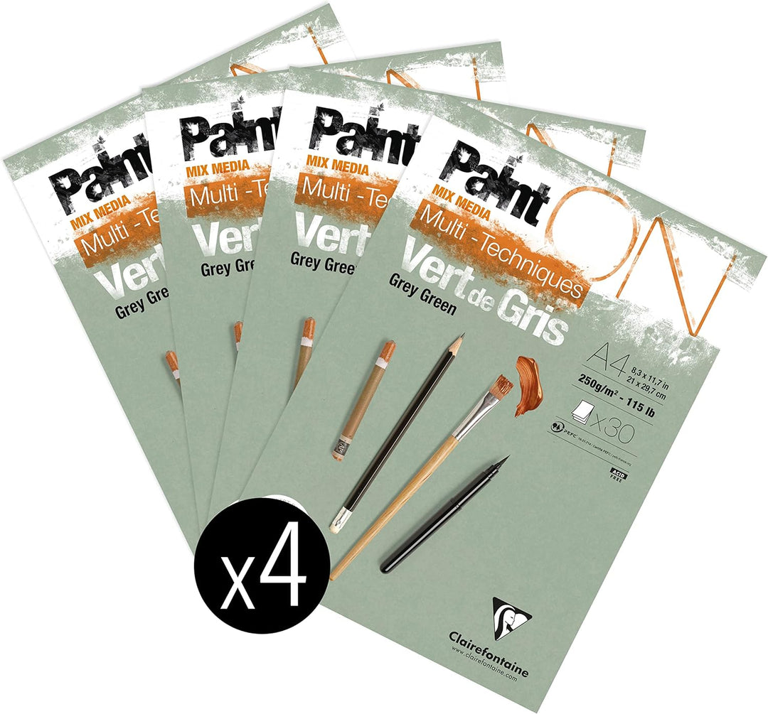 Clairefontaine 975705C - Packung mit 4 Blöcken Paint´ON Vert de gris, DIN A4, kopfseitig geleimt, 30