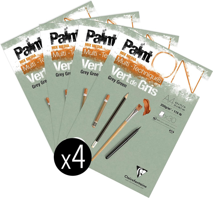 Clairefontaine 975705C - Packung mit 4 Blöcken Paint´ON Vert de gris, DIN A4, kopfseitig geleimt, 30