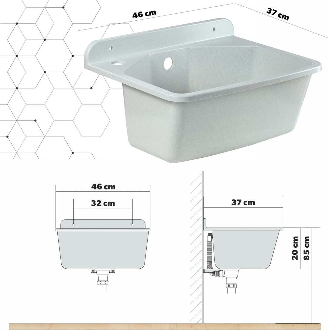 gospo Ausgussbecken mit Armatur, Siphon, 46 x 37 x 20 cm, Waschbecken aus Kunststoff, Waschtrog für