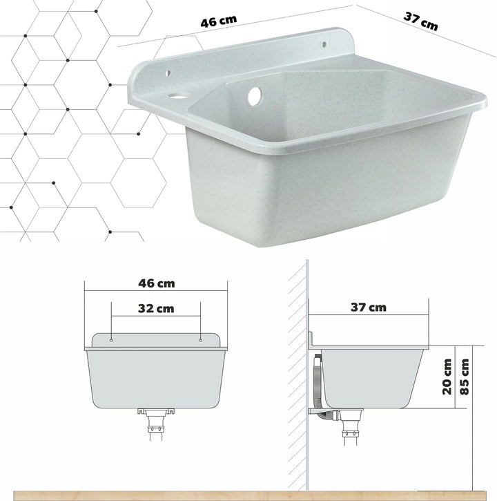 gospo Ausgussbecken mit Armatur, Siphon, 46 x 37 x 20 cm, Waschbecken aus Kunststoff, Waschtrog für