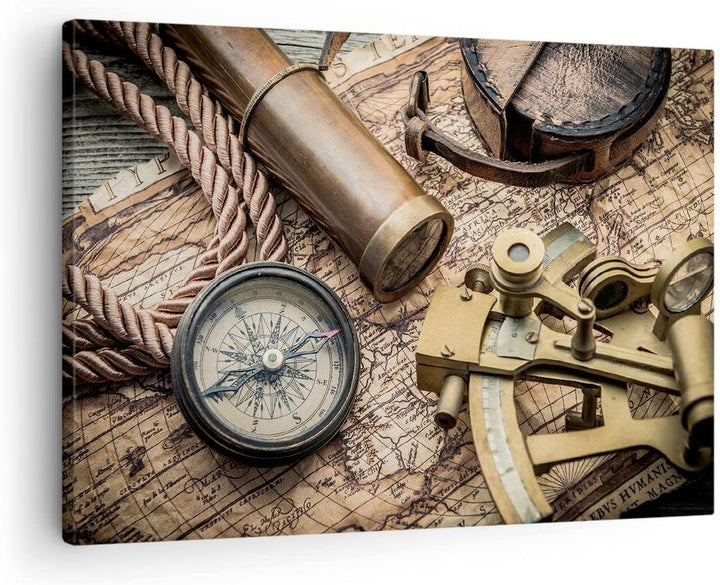 ARTTOR Bilder auf Leinwand Kompass Kompass Karte Leinwandbild 70x50cm Wandbilder Dekoration Wohnzimm