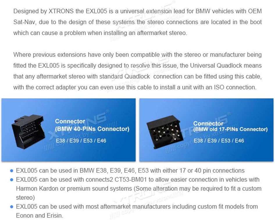 XTRONS 6 Meter Extra Lange ISO-Kabelbaum geeignet für BMW Head-Unit mit Quadlock-Anschluss ISO Wirin