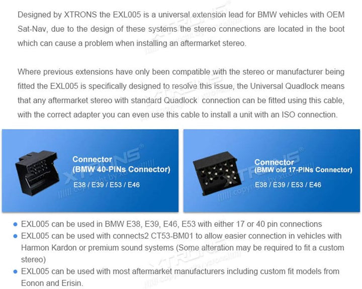 XTRONS 6 Meter Extra Lange ISO-Kabelbaum geeignet für BMW Head-Unit mit Quadlock-Anschluss ISO Wirin