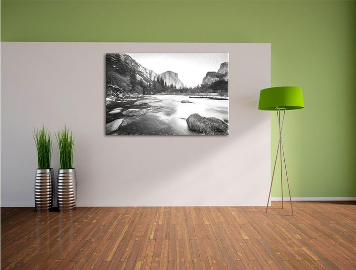 Pixxprint Yosemite National Park California Kunst Kohle Effekt, Format: 100x70 auf Leinwand, XXL rie