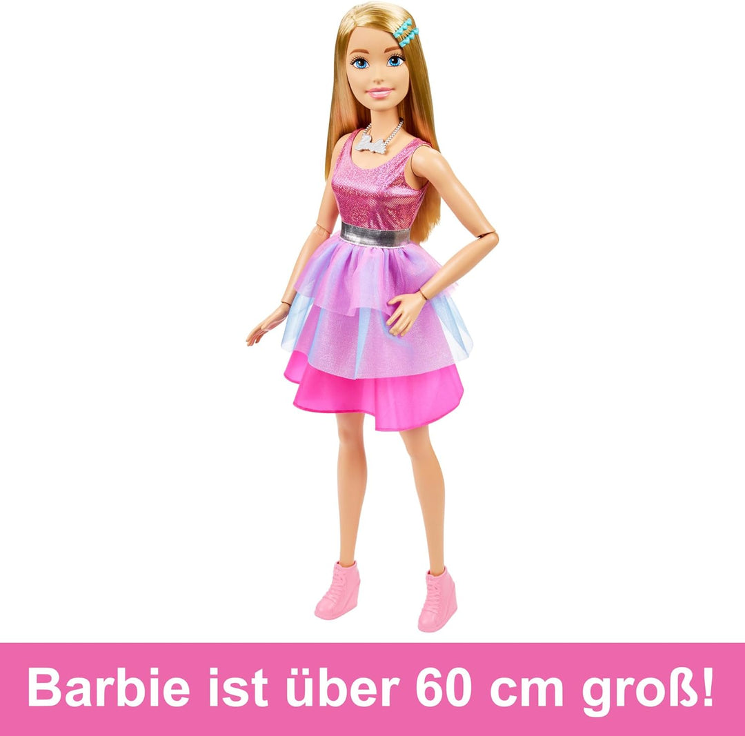 BARBIE Extragrosse Puppe (71 cm) - Pinkes Kleid, Blonde Haare mit Haarspange und Kette, Geschenk für