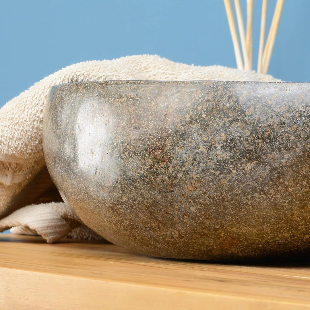 Naturstein Waschbecken grau oval 30 cm von WOHNFREUDEN - Unikat Badezimmer Flussstein Waschbecken Au