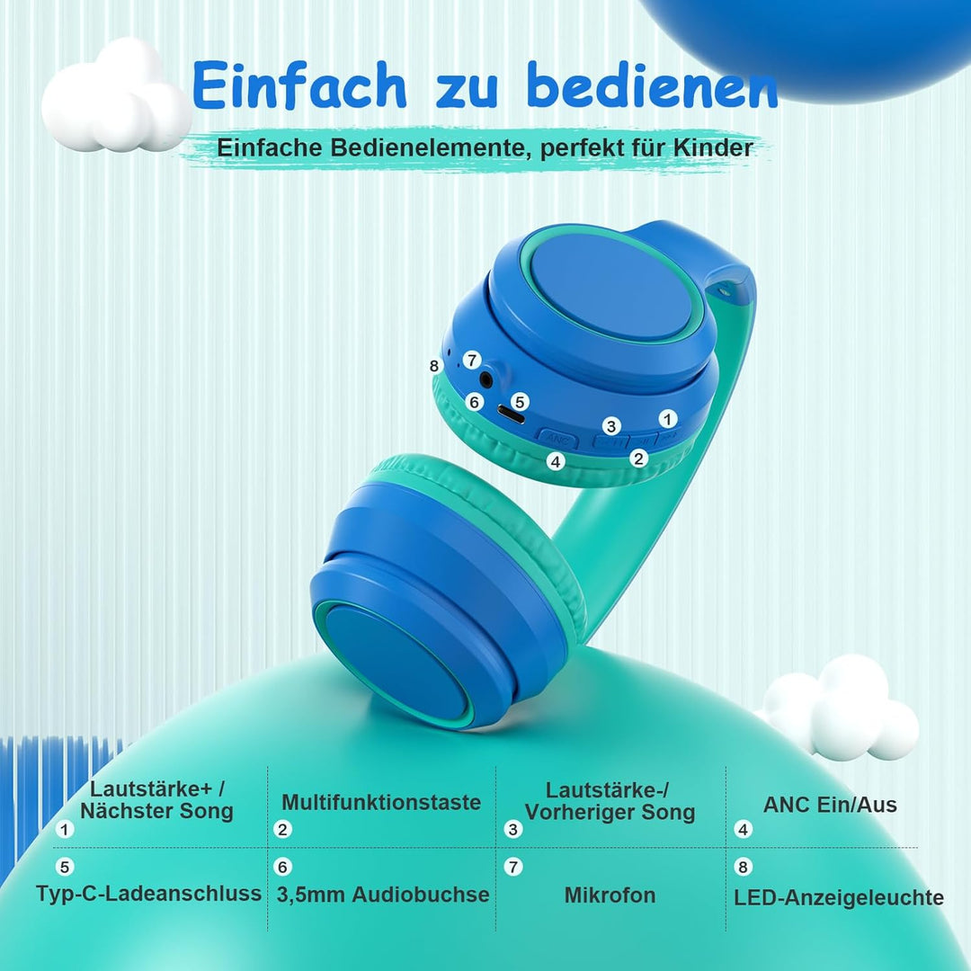 Tonoshark Noise Cancelling Kopfhoerer Kinder | 60h Spielzeit | Kopfhörer Kabellos Bluetooth Kinder,