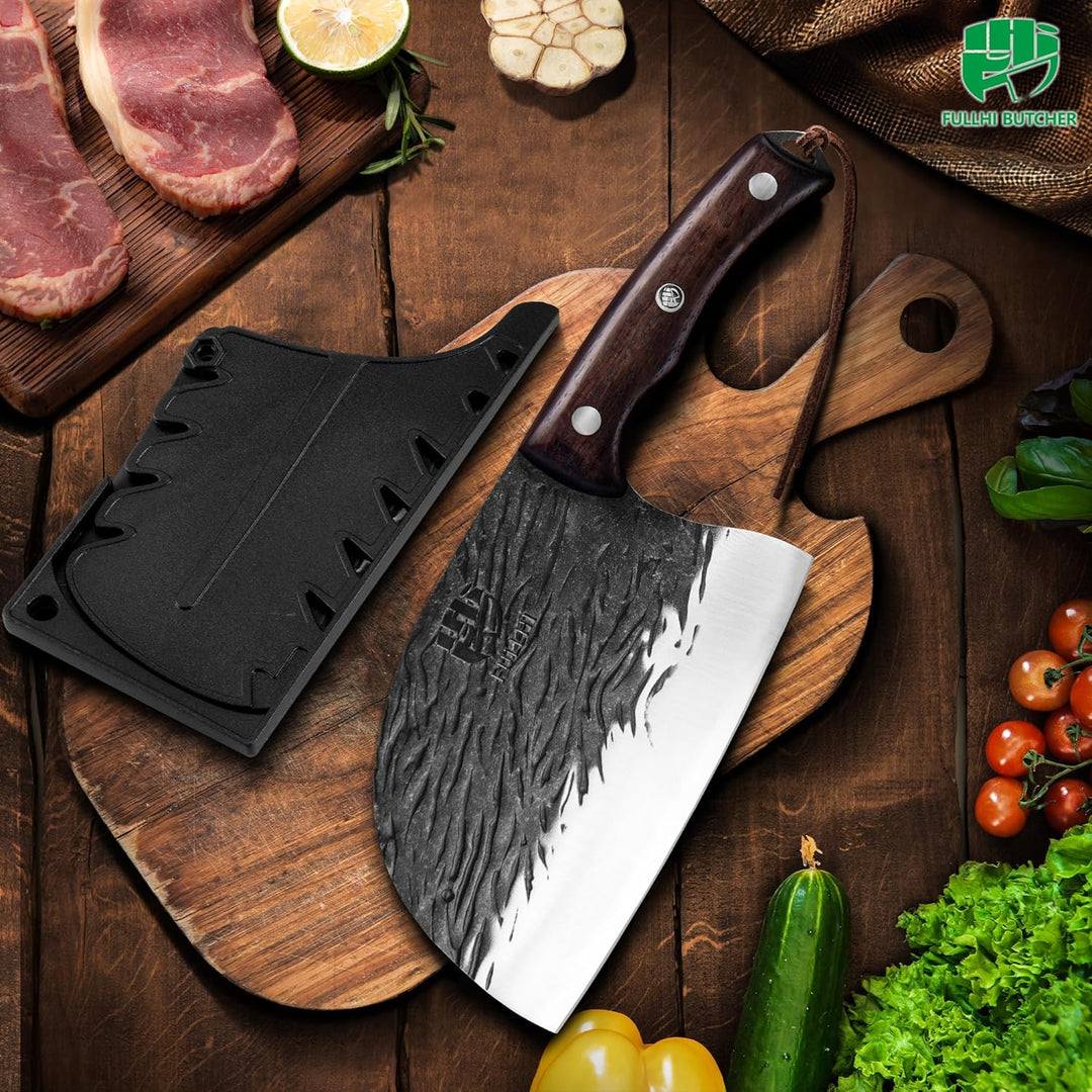 FULLHI Voll-Tang Metzgermesser mit Scheide, serbisches Kochmesser mit hohem Kohlenstoffstahl Fleisch