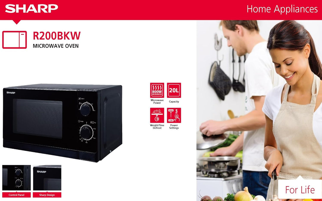 Sharp R200BKW Solo-Mikrowelle / 20 L / 800 W / 5 Leistungsstufen / Timer von 35 Minuten bis 00 Sekun